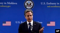 US Secretary of State Antony Blinken delivers remarks to US Embassy staff at Novitas in Chisinau, Moldova, Sunday, March 6, 2022. 