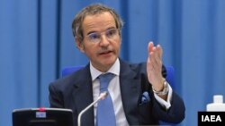 라파엘 그로시 국제원자력기구(IAEA) 사무총장이 7일 오스트리아 빈에서 열린 IAEA 정기이사회 개막식에서 연설했다.