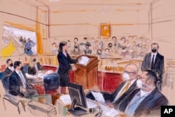 미 워싱턴 D.C. 연방법원에서 지난 7일 진행된 가이 웨슬리 레핏(오른쪽 아래) 씨 공판 스케치. 리사 버카워 법무차관보(가운데)가 변론하고 있다.
