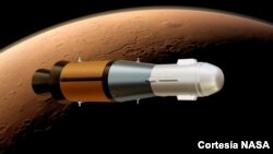 Esta ilustración muestra el Mars Ascent Vehicle (MAV) de la NASA, que transportará muestras de roca y suelo marcianos en órbita alrededor de Marte. [Foto cortesía NASA].
