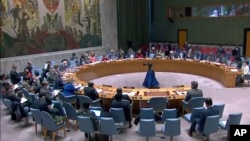 聯合國安理會在聯合國總部的一次會議上聽取評論。(2022年3月11日)