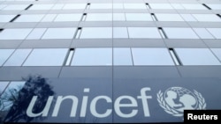 FILE - A UNICEF logo is pictured outside their offices in Geneva, Switzerland, January 30, 2017. (Denis Balibouse/Reuters)