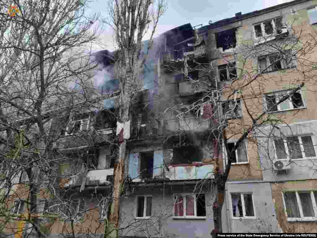 A view shows a residential building damaged by Russian troops shelling in Mykolaiv, Ukraine, March 7, 2022.