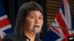 New Zealand Foreign Affairs Minister Nanaia Mahuta speak during the post-Cabinet press conference in Wellington, New Zealand, Monday, March 7, 2022. (Mark Mitchell/Pool Photo via AP)