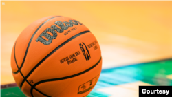 FILE - A basketball is pictured as Tunisia's Union Sportive Monastirienne (US Monastir) play against Mozambique's Clube Ferroviário da Beira (CFV Beira) in the second Basketball Africa League season, March 6, 2022.