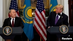 U.S. President Donald Trump and Kazakhstan President Nursultan Nazarbayev speak in the Roosevelt Room of the White House in Washington, Jan. 16, 2018.