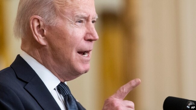 President Joe Biden speaks about Ukraine in the East Room of the White House, Feb. 15, 2022, in Washington.