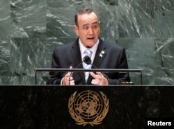 FILE - Guatemala's President Alejandro Giammattei addresses the United Nations General Assembly in New York City, Sept. 22, 2021.