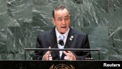 FILE - Guatemala's President Alejandro Giammattei addresses the U.N. General Assembly in New York, Sept. 22, 2021.