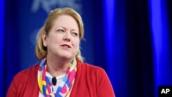 FILE - Ginni Thomas, wife of Supreme Court Associate Justice Clarence Thomas, speaks at the Conservative Political Action Conference in National Harbor, Maryland, Feb. 23, 2017. 