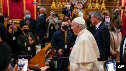 Pope Francis arrives at the St. Paul's Basilica in Rabat, Malta, April 3, 2022. 