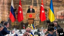 Trong bức ảnh do cơ quan báo chí của BNG Ukraine đưa ra, Tổng thống Thổ Nhĩ Kỳ Recep Tayyip Erdogan phát biểu chào mừng phái đoàn Nga (trái) và Ukraine trước các cuộc thương thảo của họ tại Istanbul hôm 29/3.