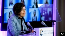 FILE - U.S. Special Envoy Rina Amiri addresses the 16th annual International Women of Courage Awards virtual ceremony at the State Department, March 14, 2022, in Washington. 