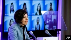 U.S. Special Envoy Rina Amiri addresses the 16th annual International Women of Courage (IWOC) Awards virtual ceremony at the State Department, March 14, 2022, in Washington. 