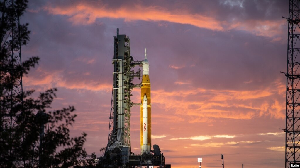 The Space Launch System (SLS) and Orion spacecraft are seen at NASA’s Kennedy Space Center on March 23, 2022. (Credit: NASA/Ben Smegelsky)