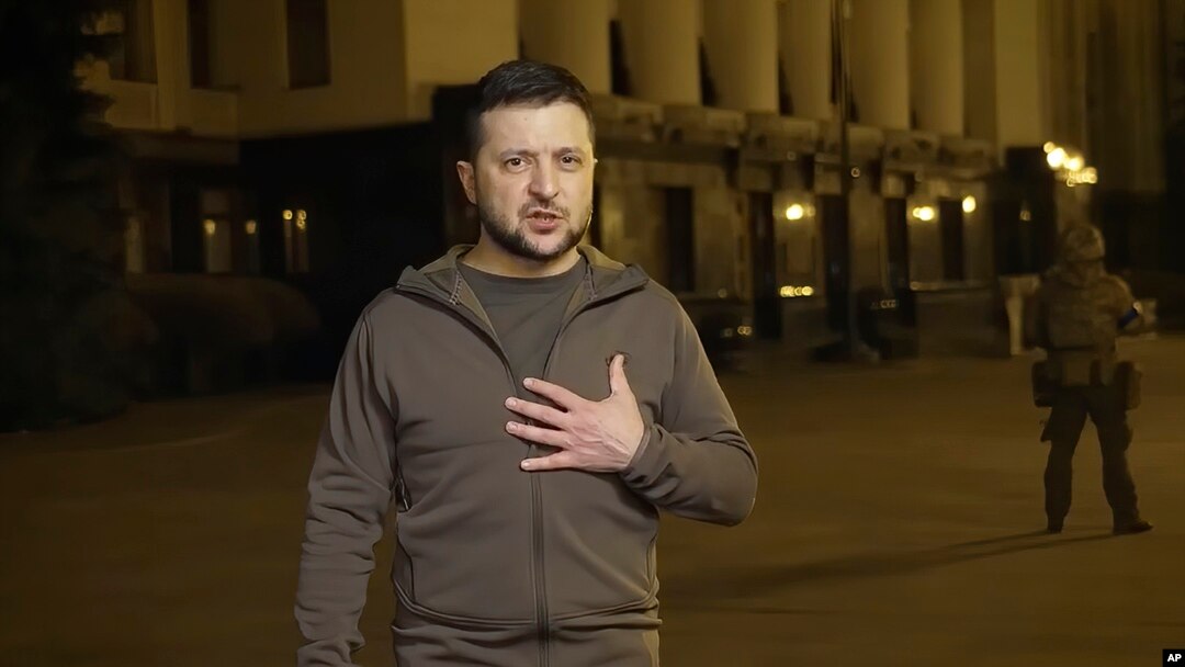  In this image from video provided by the Ukrainian Presidential Press Office, Ukrainian President Volodymyr Zelenskyy speaks from Kyiv, Ukraine, early March 24, 2022. 