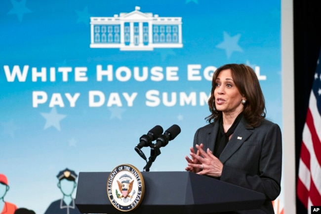 Vice President Kamala Harris speaks during a White House Equal Pay Day Summit at the Eisenhower Executive Office Building on the White House complex, in Washington, March 15, 2022.