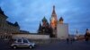 A police car is parked in Red Square, with St. Basil's Cathedral in the background, in Moscow, March 4, 2022.