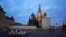 A police car is parked in Red Square, with St. Basil's Cathedral in the background, in Moscow, March 4, 2022.