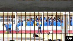 Des détenus à la prison de Makala à Kinshasa, en République Démocratique du Congo, le 18 décembre 2012, derrière les barreaux des fenêtres d'une salle d'audience. (Photo AFP/ Junior D. Kannah)