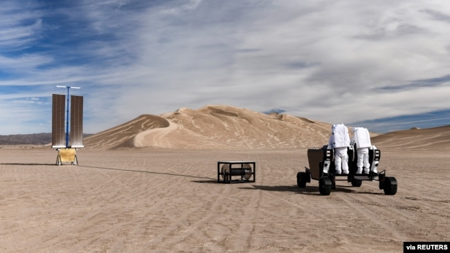 A handout image shows a prototype of California startup Astrolab 's Flex rover, that will be able to be operated directly by astronauts on the moon. The rover was tested in Death Valley National Park at the Dumont Dunes in December, 2021. (ASTROLAB/Handou