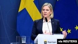 FILE : Swedish Prime Minister Magdalena Andersson speaks during a news conference regarding the security situation in Europe, at Rosenbad in Stockholm, Sweden, February 27, 2022. 