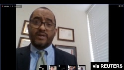 Arturo McFields, Nicaragua's ambassador to the Organization Of American States, speaks in a video address from an unidentified location, March 23, 2022, in this still image taken from video. 