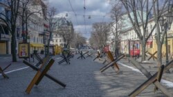 Anti-tank obstacles are seen in a street of Odesa, Ukraine, March 13, 2022.