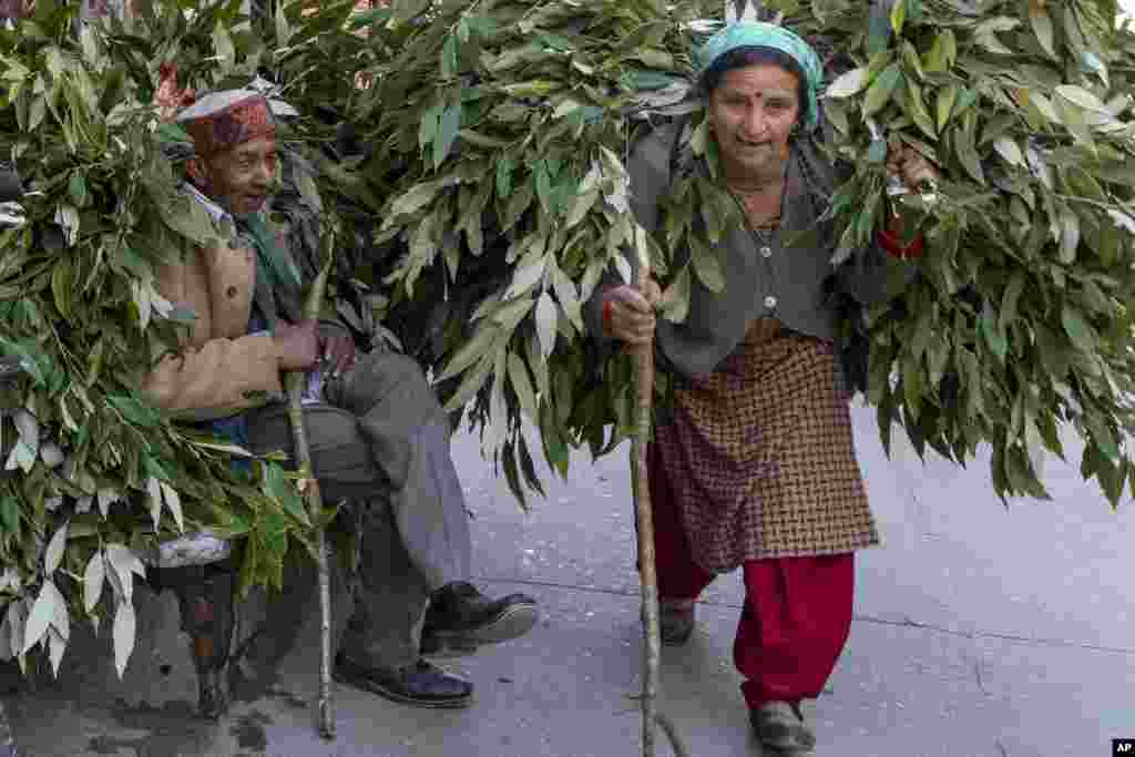 A man rests at the roadside as a woman carries a load of oak leaves collected from the forest in Dharmsala, India. (AP Photo/Ashwini Bhatia)