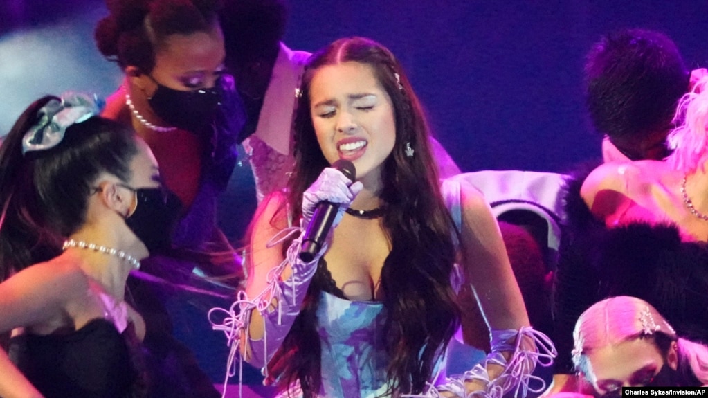 FILE - Olivia Rodrigo performs "Good 4 U" at the MTV Video Music Awards on Sept. 12, 2021, in New York. Rodrigo is nominated for seven Grammy Awards. (Photo by Charles Sykes/Invision/AP, File)