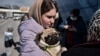 A Ukrainian refugee holds her dog following her arrival by bus at Promachonas Greece-Bulgarian border post, northern Greece, on March 11, 2022.