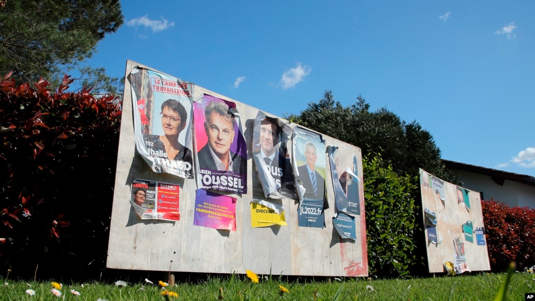 A view of posters of French presidential candidates on display, in Saint Martin d' Arberoue, southwestern France, April 2, 2022. The two-round presidential election will take place on April 10 and 24, 2022.