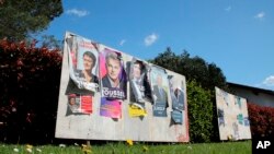 A view of posters of French presidential candidates on display, in Saint Martin d' Arberoue, southwestern France, April 2, 2022. The two-round presidential election will take place on April 10 and 24, 2022.