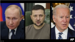 FILE - From left to right, Russian President Vladimir Putin, Ukrainian President Volodymyr Zelenskyy and U.S. President Joe Biden. 