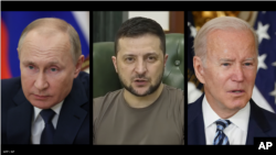 (De izquierda a derecha) El presidente ruso Vladimir Putin, el presidente ucraniano Volodymyr Zelenskyy y el presidente estadounidense Joe Biden.