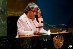 Linda Thomas-Greenfield, United States ambassador to the United Nations, speaks during a meeting of the U.N. General Assembly at United Nations headquarters, March 23, 2022.