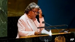 Linda Thomas-Greenfield, embajadora de los Estados Unidos ante las Naciones Unidas, habla durante una reunión de la Asamblea General de las Naciones Unidas en la sede de las Naciones Unidas, el 23 de marzo de 2022.