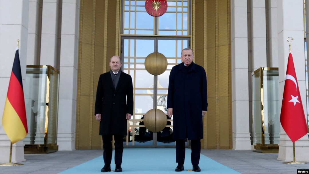 Tổng thống Thổ Nhĩ Kỳ Tayyip Erdogan và Thủ tướng Đức Olaf Scholz gặp nhau tại Dinh tổng thống ở Ankara, Thổ Nhĩ Kỳ, vào ngày 14/3/2022.