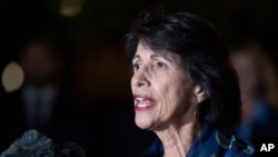 FILE - Dianne Foley, mother of slain journalist James Foley, speaks to the news media following a hearing at the U.S. Courthouse in Alexandria, Va., Sept. 2, 2021.