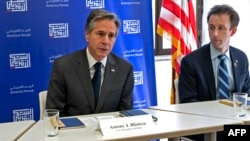 US Secretary of State Antony Blinken, alongside Deputy Chief of Staff for Policy Tom Sullivan, participates in a Palestinian Civil Society roundtable at America House in Jerusalem, March 27, 2022. (Photo by Jacquelyn Martin / POOL / AFP)