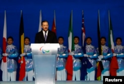 FILE - International Paralympic Committee President Andrew Parsons gives a speech during the opening ceremony of the 2022 Winter Paralympic Games at National Stadium, Beijing, China, March 4, 2022.
