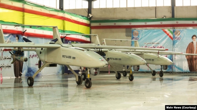 Iranian Mohajer-6 drones can be seen on display in Iran in this photo published by state news agency Mehr in 2018. (Mehr News)