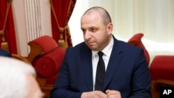 FILE - Rustem Umerov, a member of the Ukrainian Parliament, attends the peace talks with Russian delegation in Gomel region, Belarus, Feb. 28, 2022.