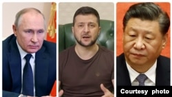 俄罗斯总统普京（左），乌克兰总统泽连斯基（中），中国领导人习近平