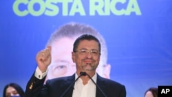 FILE - Costa Rica's former finance minister Rodrigo Chaves speaks to supporters at his headquarters in San Jose, Costa Rica, after winning a presidential runoff election, Apr. 3, 2022.