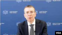 Edgars Rinkēvičs, Latvia's Minister of Foreign Affairs, speaks to VOA on March 18, 2022. Rinkēvičs wants a permanent NATO presence on the alliances eastern flank.