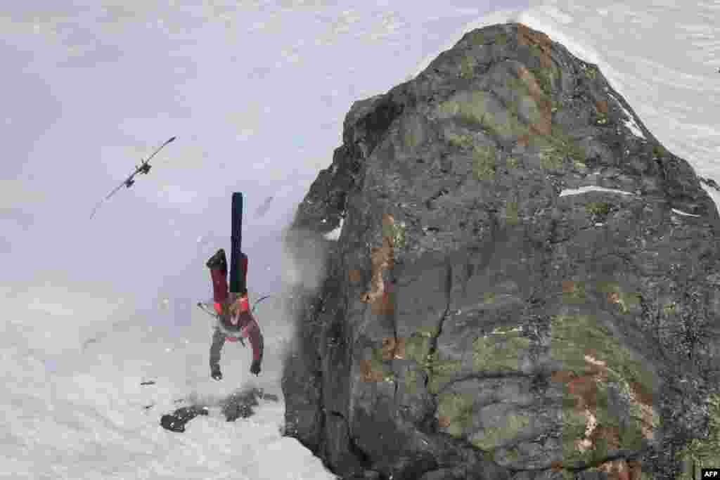 Spanish rider Aymar Navarro crashes while competing in the men&#39;s ski Verbier Xtreme Freeride World Tour final on the Bec de Rosses mountain, above the Swiss Alps resort of Verbie.