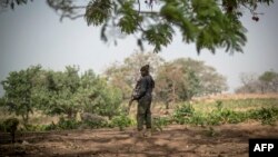 FILE - A policeman stands guard in Kaduna State, Nigeria,. Taken Feb. 22, 2019.