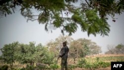 FILE - A policeman stands guard in Kaduna State, Nigeria. Taken Feb. 22, 2019.