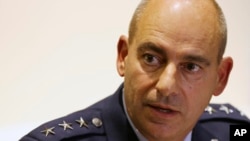 U.S.Air Forces Central Commander in Qatar, Lt. Gen. Jeffrey L. Harrigian, addresses a joint press conference with Vice Chief of Staff of the Air Force, General Stephen Wilson, in Dubai, United Arab Emirates, Nov. 10, 2017.